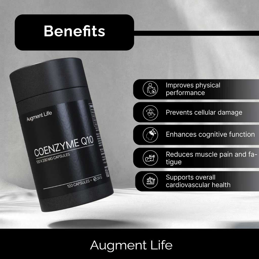 A black cylindrical supplement bottle labeled 'COENZYME Q10' by Augment Life, shown with benefits 
