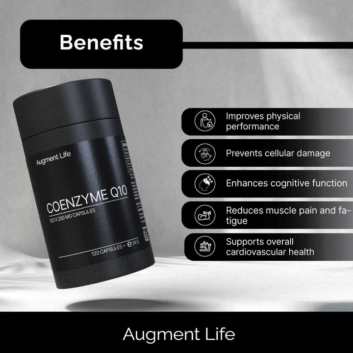 A black cylindrical supplement bottle labeled 'COENZYME Q10' by Augment Life, shown with benefits 