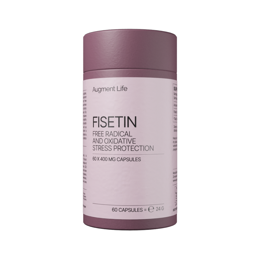 Supplement container labeled 'Fisetin' for free radical and oxidative stress protection on a white background.