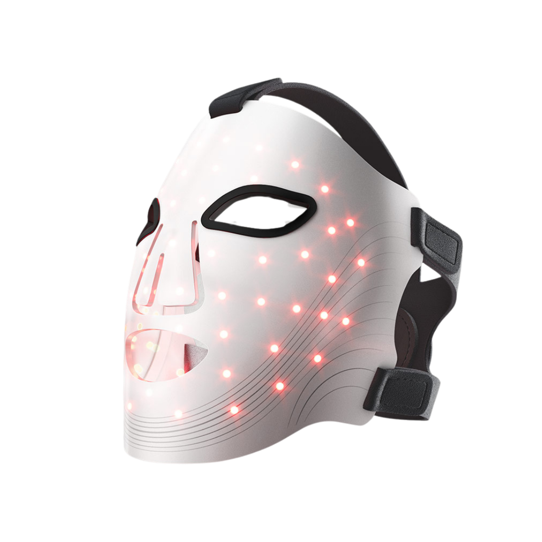 White mask with red LED lights on a transparent background