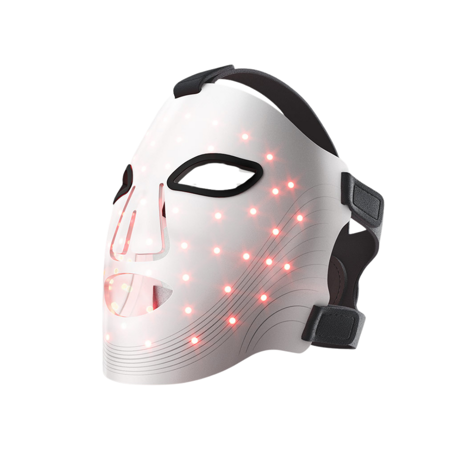 White mask with red LED lights on a transparent background