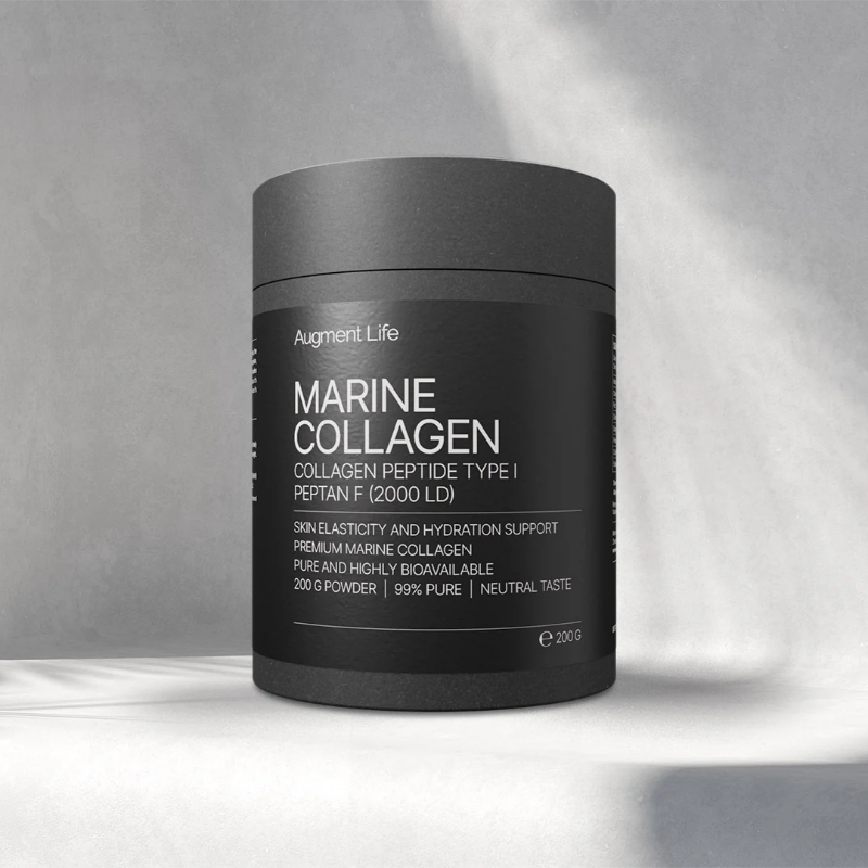 Black container of Marine Collagen with 'Augment Life' branding on a gray background