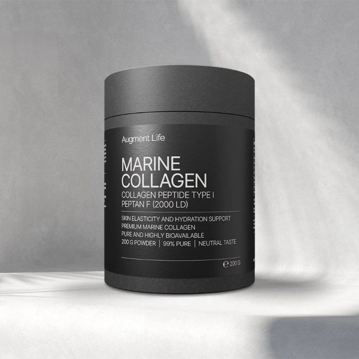 Black container of Marine Collagen with 'Augment Life' branding on a gray background