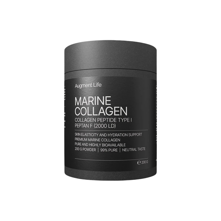 Black container of Marine Collagen powder with white text on a white background