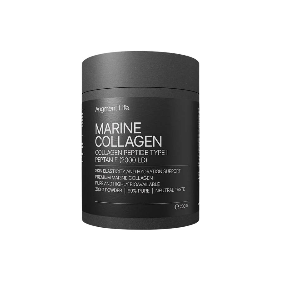Black container of Marine Collagen powder with white text on a white background