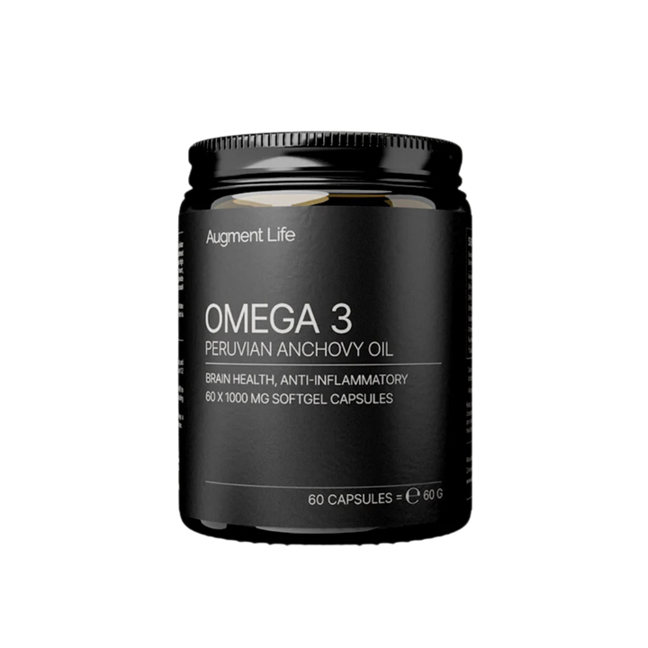 Black container of Augment Life Omega 3 Peruvian Anchovy Oil on a white background