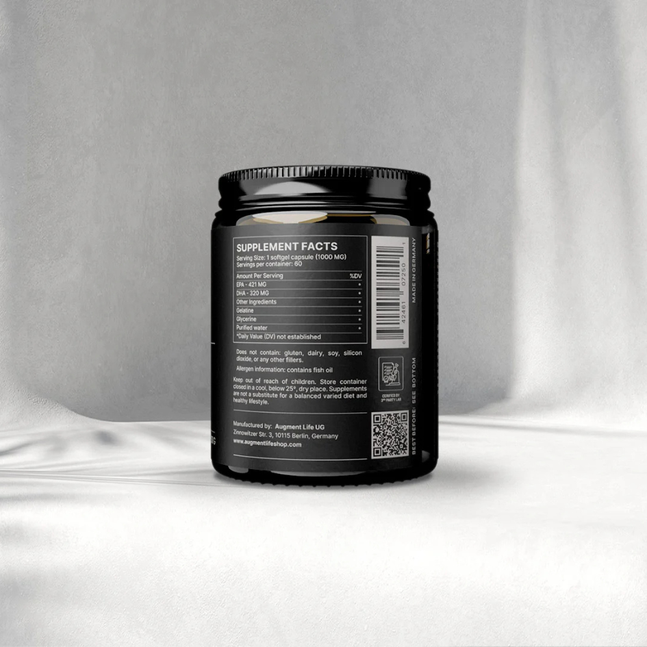 Black supplement container with label on a gray background