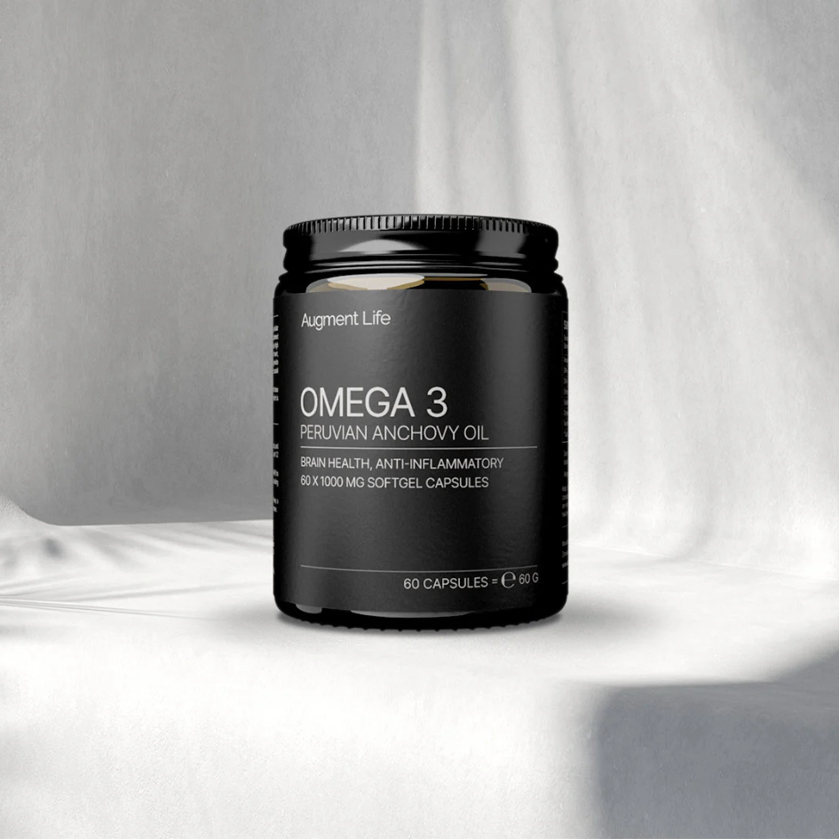 Black container of Omega 3 Peruvian Anchovy Oil on a white background