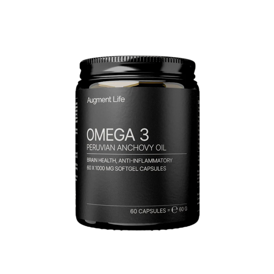 Black container of Augment Life Omega 3 Peruvian Anchovy Oil on a white background