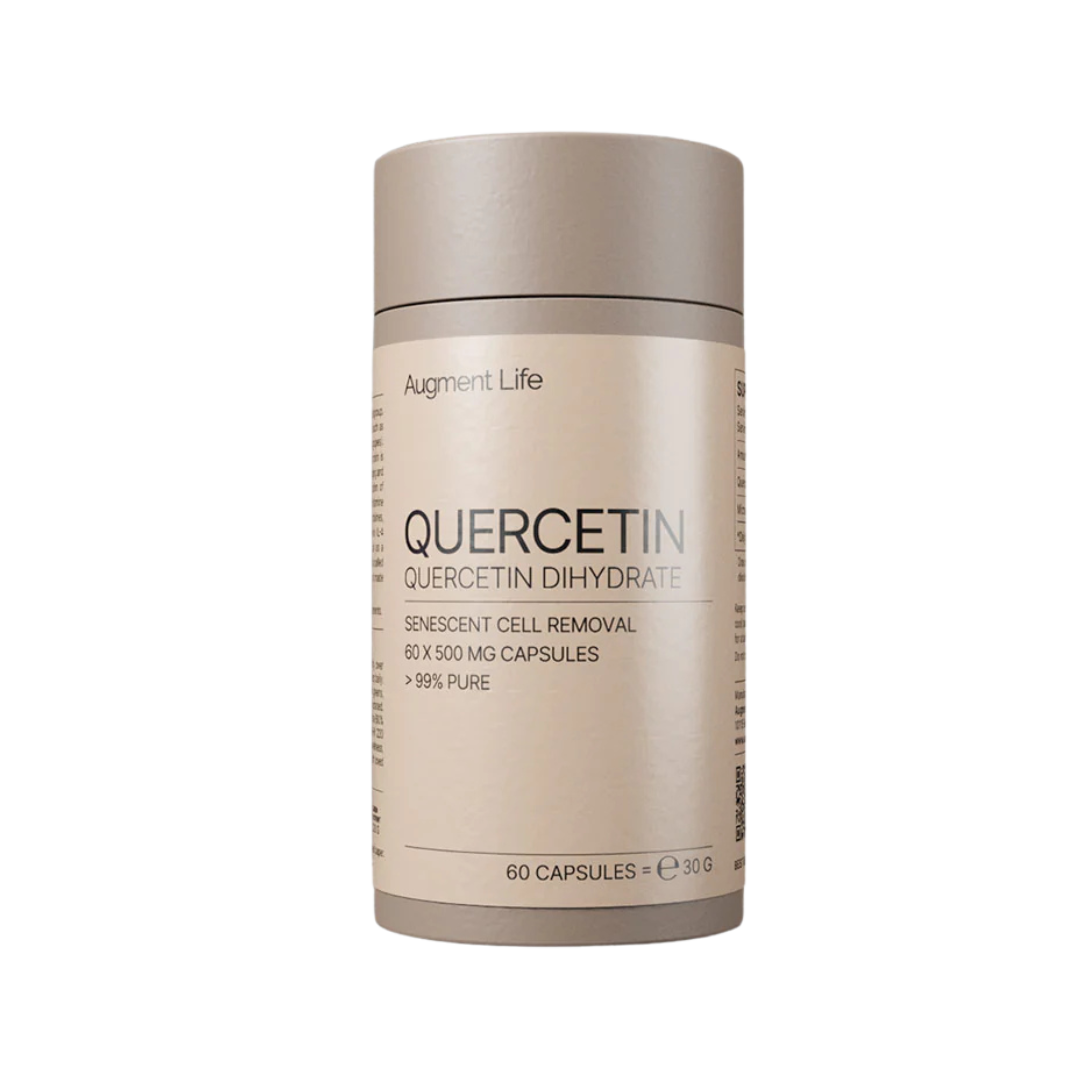 Beige supplement container labeled 'Quercetin' on a white background