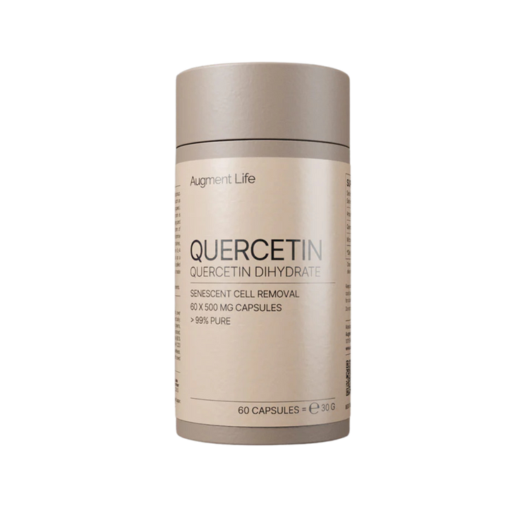 Beige supplement container labeled 'Quercetin' on a white background