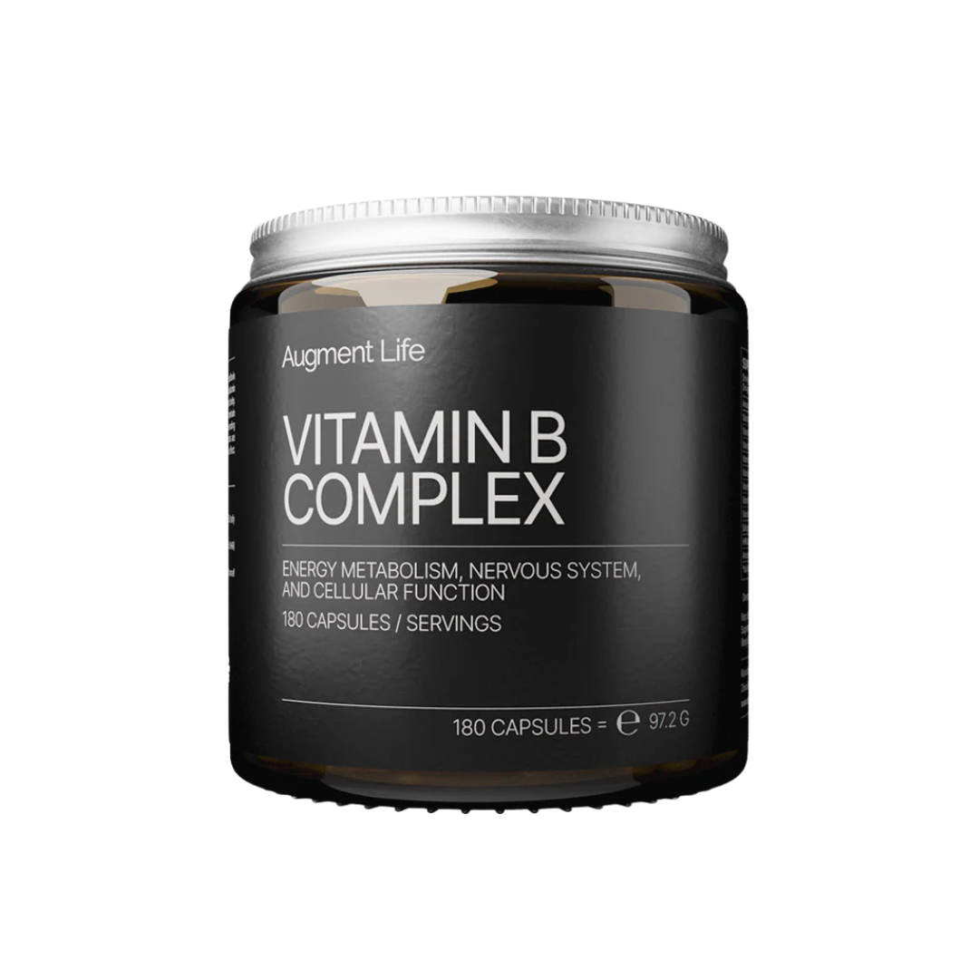 Vitamin B Complex supplement container with black label on a white background