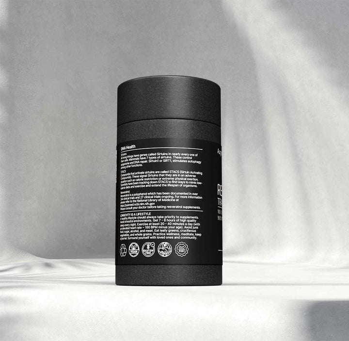 Augment Life Trans-Resveratrol 130mg 80 capsules side view paper tube packaging on grey background