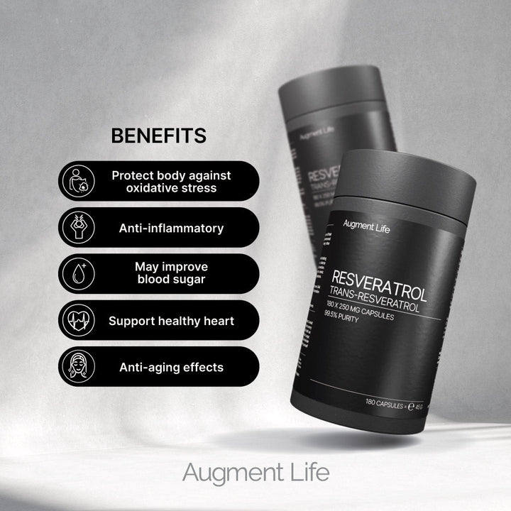 Augment Life Trans-Resveratrol 130mg 80 capsules side view paper tube packaging with benefits