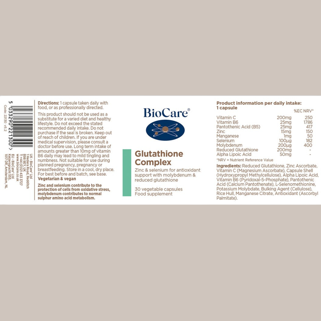 BioCare Glutathione Complex supplement label on a beige background