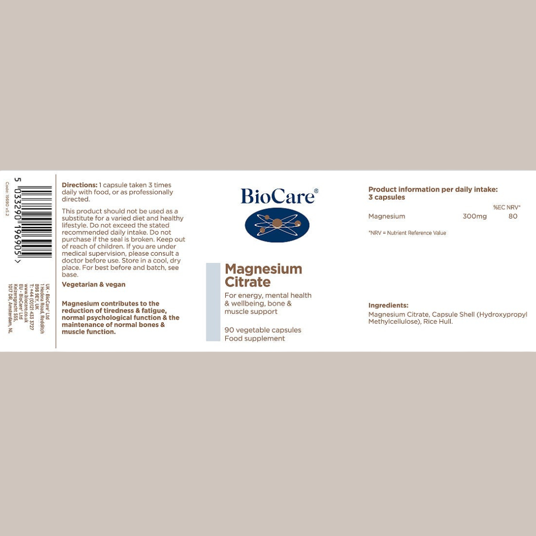 BioCare Magnesium Citrate supplement label on a beige background