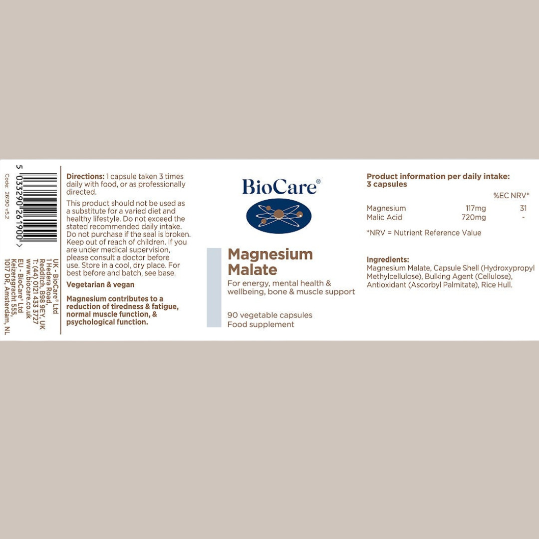 BioCare Magnesium Malate supplement label on a beige background