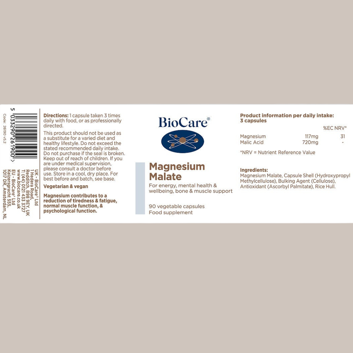 BioCare Magnesium Malate supplement label on a beige background