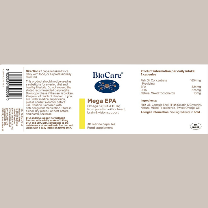 BioCare Mega EPA Nutritional Information Label - 524mg EPA & 375mg DHA per Daily Intake