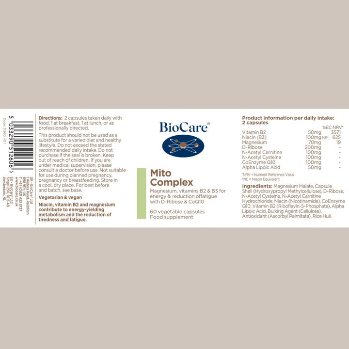 BioCare Mito Complex supplement label on a beige background
