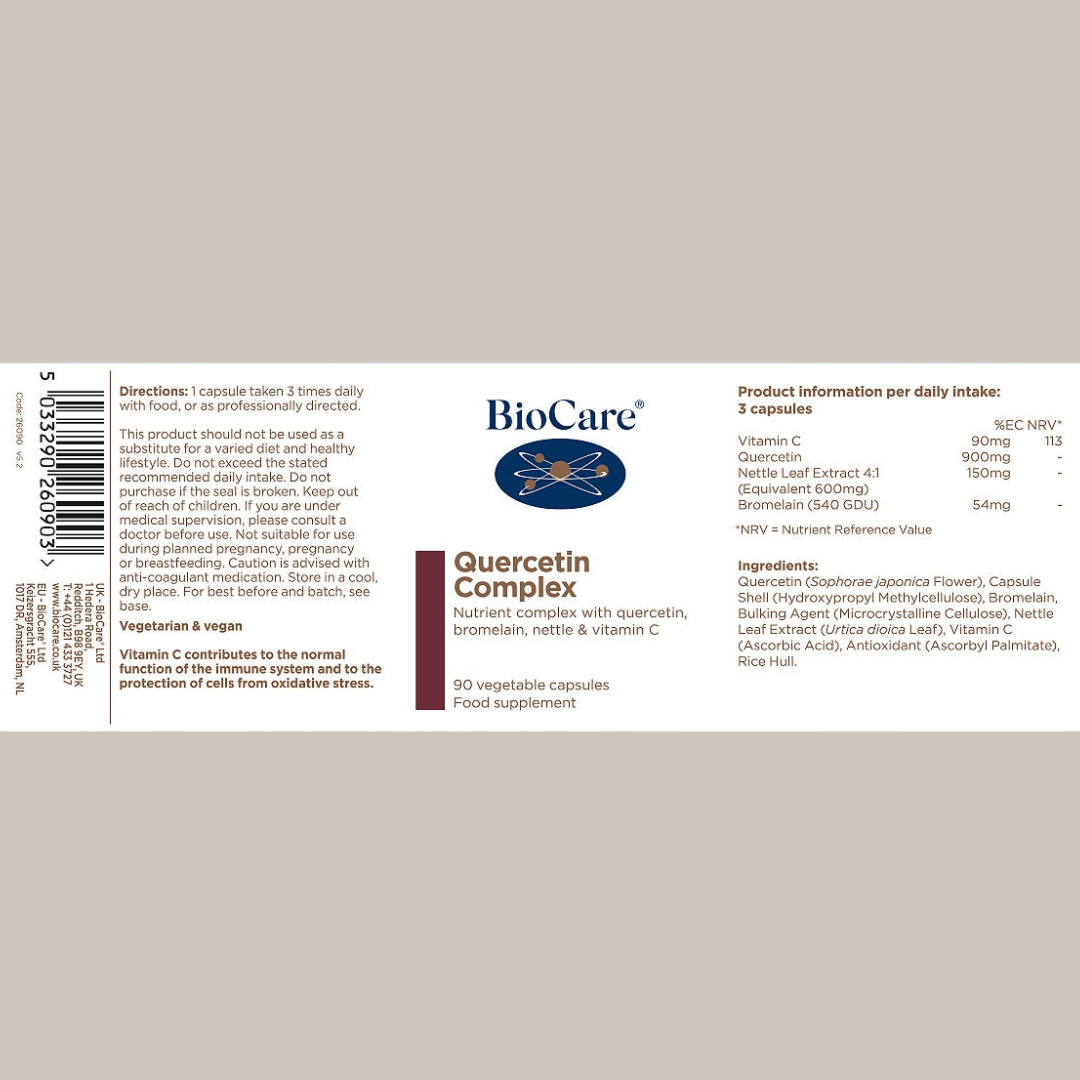 BioCare Quercetin Complex supplement label on a beige background