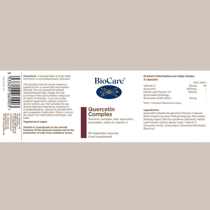 BioCare Quercetin Complex supplement label on a beige background