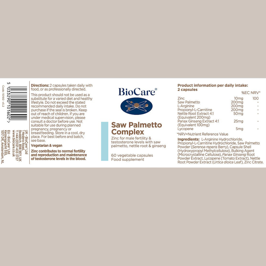 BioCare Saw Palmetto Complex supplement facts label showing zinc, saw palmetto, L-arginine, ginseng and lycopene ingredients
