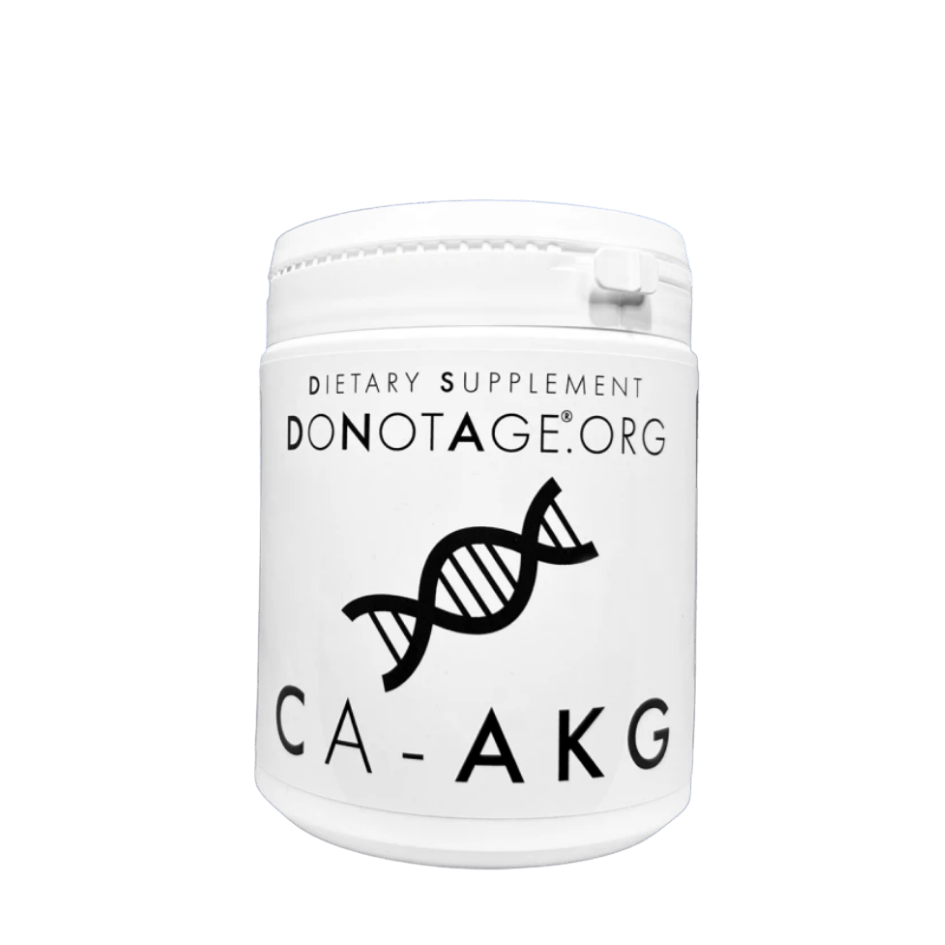 CA-AKG Calcium Alpha-Ketoglutarate supplement bottle by DoNotAge for longevity and cellular energy