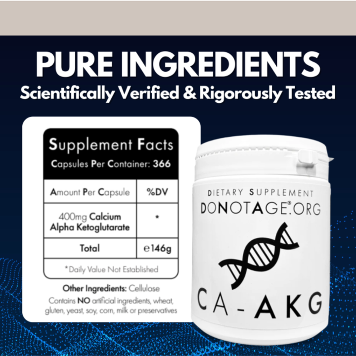 CA-AKG supplement facts and ingredients label showing pure Calcium Alpha-Ketoglutarate