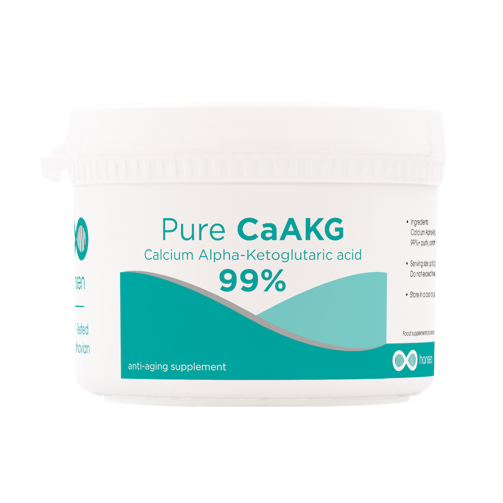 Container of Pure CaAKG supplement with a white and teal label on a white background