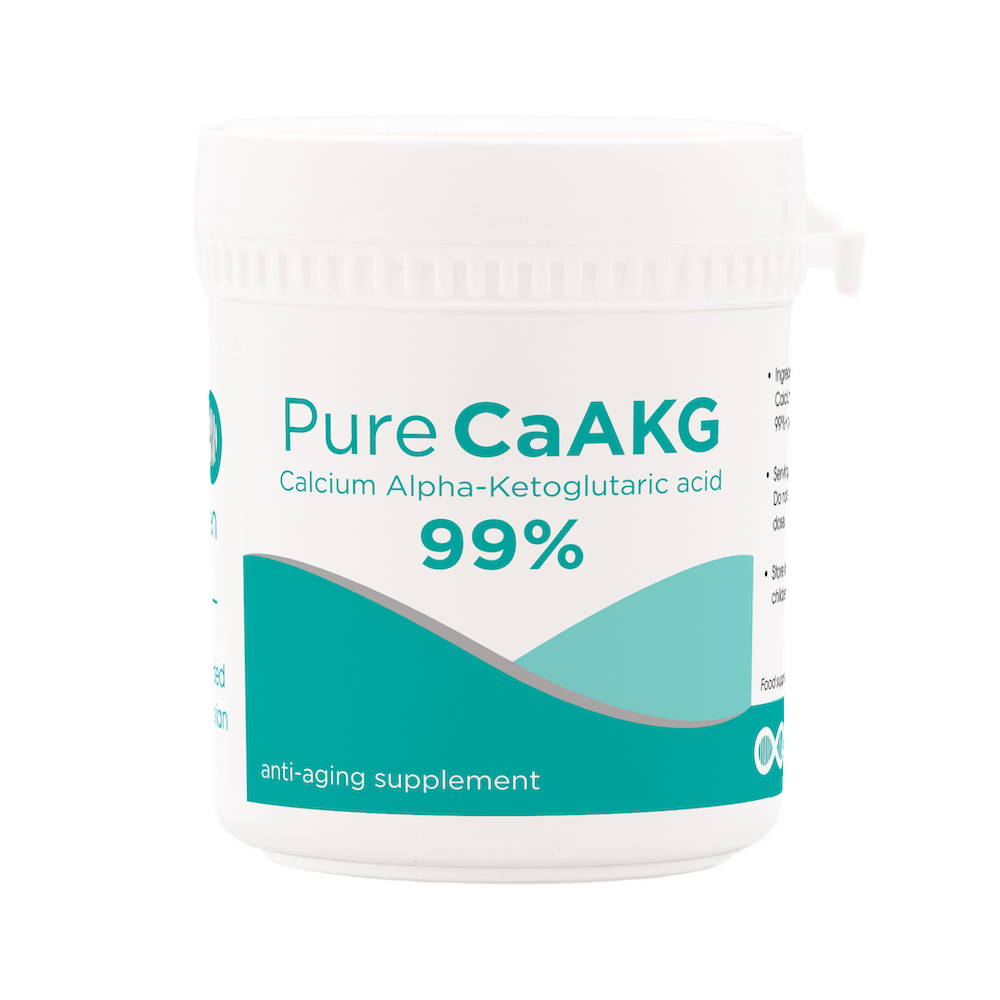 Supplement container labeled 'Pure CaAKG' with a white background