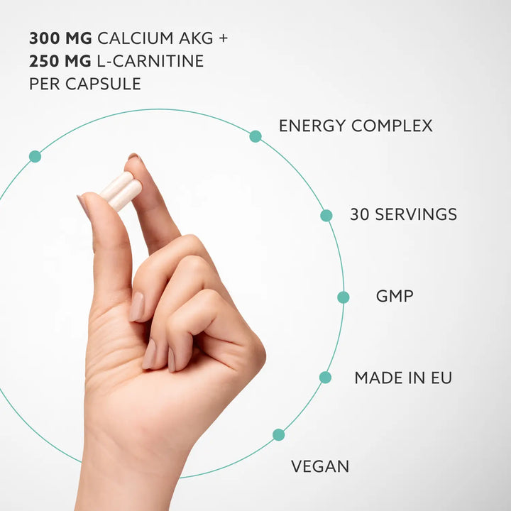 Hand holding a capsule with nutritional information text on a light gray background