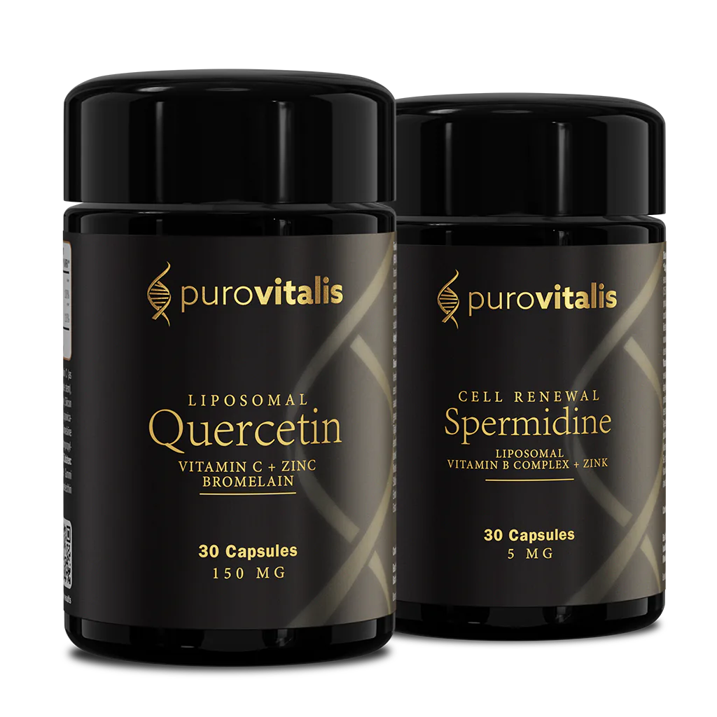 Two black bottles of purovitalis supplements on a white background