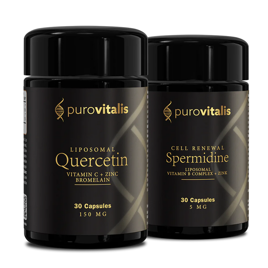 Two black bottles of purovitalis supplements on a white background