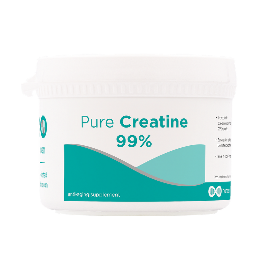 Container of Pure Creatine 99% supplement on a white background