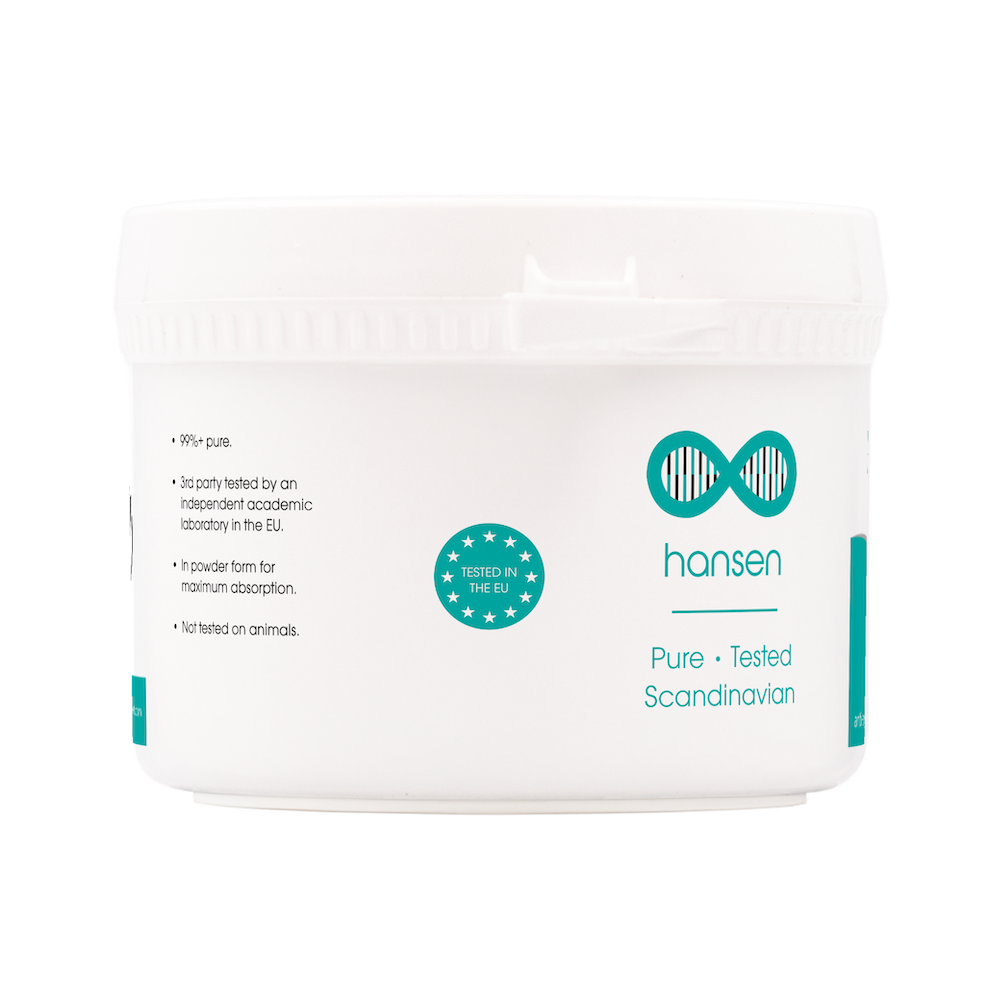 Hansen product packaging with branding and certification logos on a white background