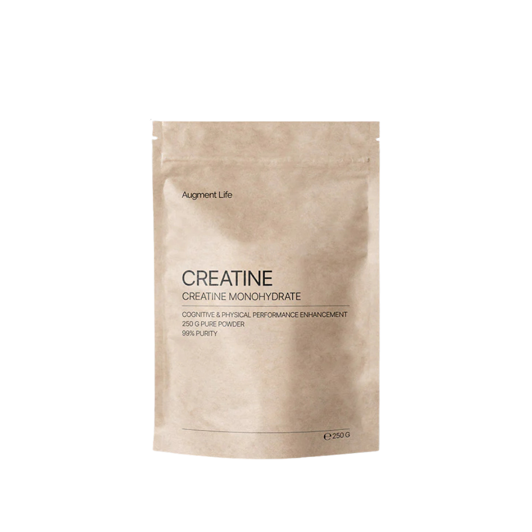 Beige supplement package labeled 'Creatine Monohydrate' by 'Augment Life' on a white background