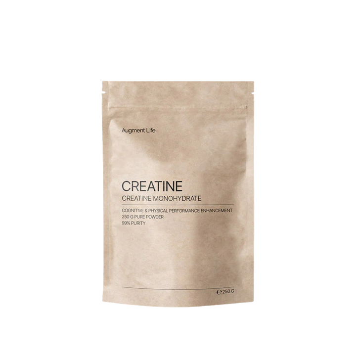 Beige supplement package labeled 'Creatine Monohydrate' by 'Augment Life' on a white background