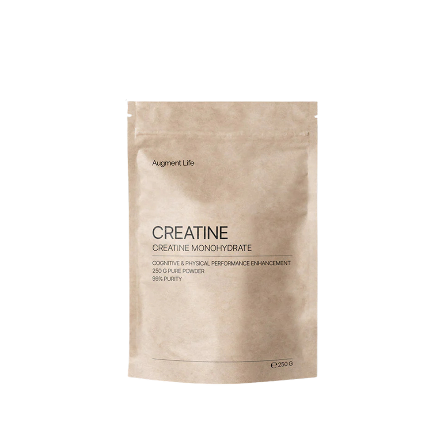 Beige supplement package labeled 'Creatine Monohydrate' by 'Augment Life' on a white background