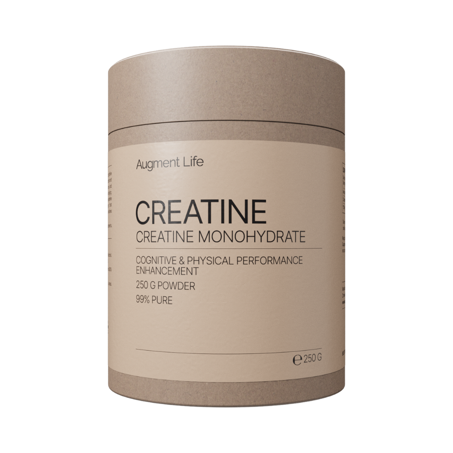 Beige container of Augment Life Creatine Monohydrate on a white background