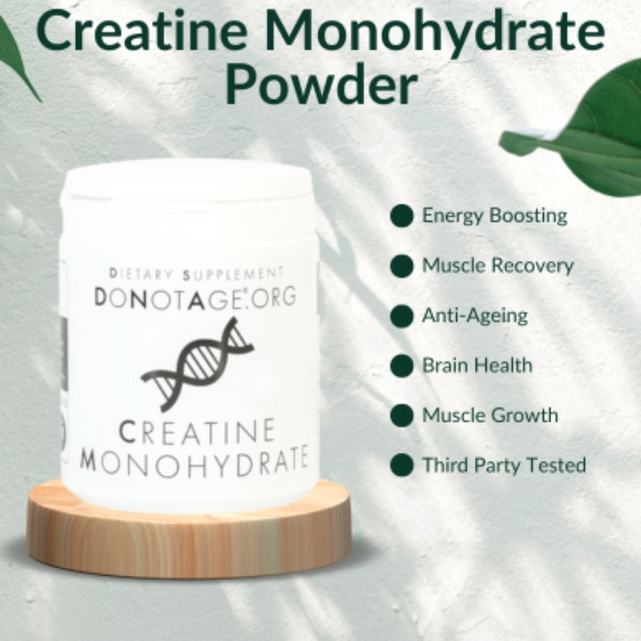 Creatine Monohydrate Powder container with benefits listed on a light background