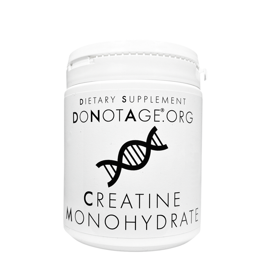 White container of Donotage Creatine Monohydrate dietary supplement on a white background