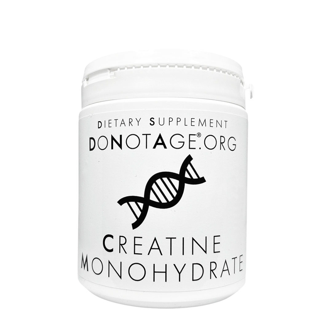 White container of Donotage Creatine Monohydrate supplement on a white background