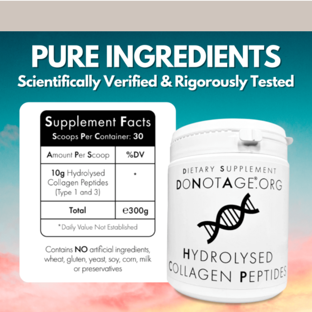 Collagen peptides for skin, joints and bone support 'PURE INGREDIENTS' text and supplement facts label.