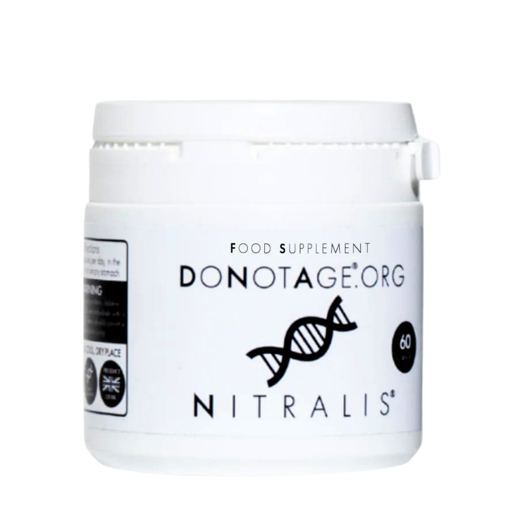 White supplement container with 'DONOTAGE NITRALIS' on a white background
