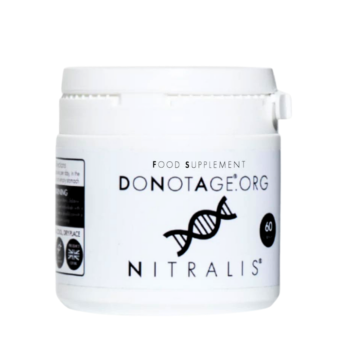 White supplement container with 'DONOTAGE NITRALIS' on a white background
