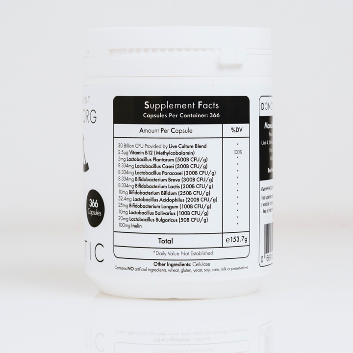 Supplement container with label showing supplement facts on a white background