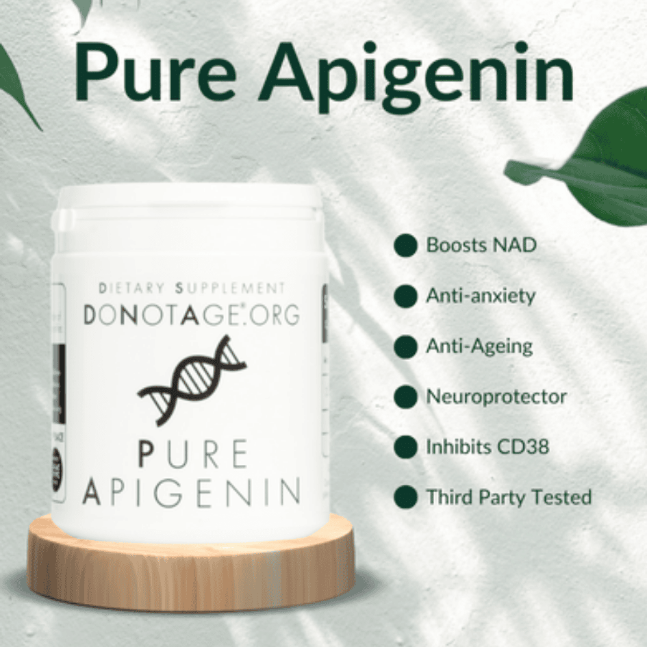 DoNotAge Pure Apigenin 250 mg – 60 vegetable capsules with key benefits including NAD+ support, anti-ageing, neuroprotection, and antioxidant properties
