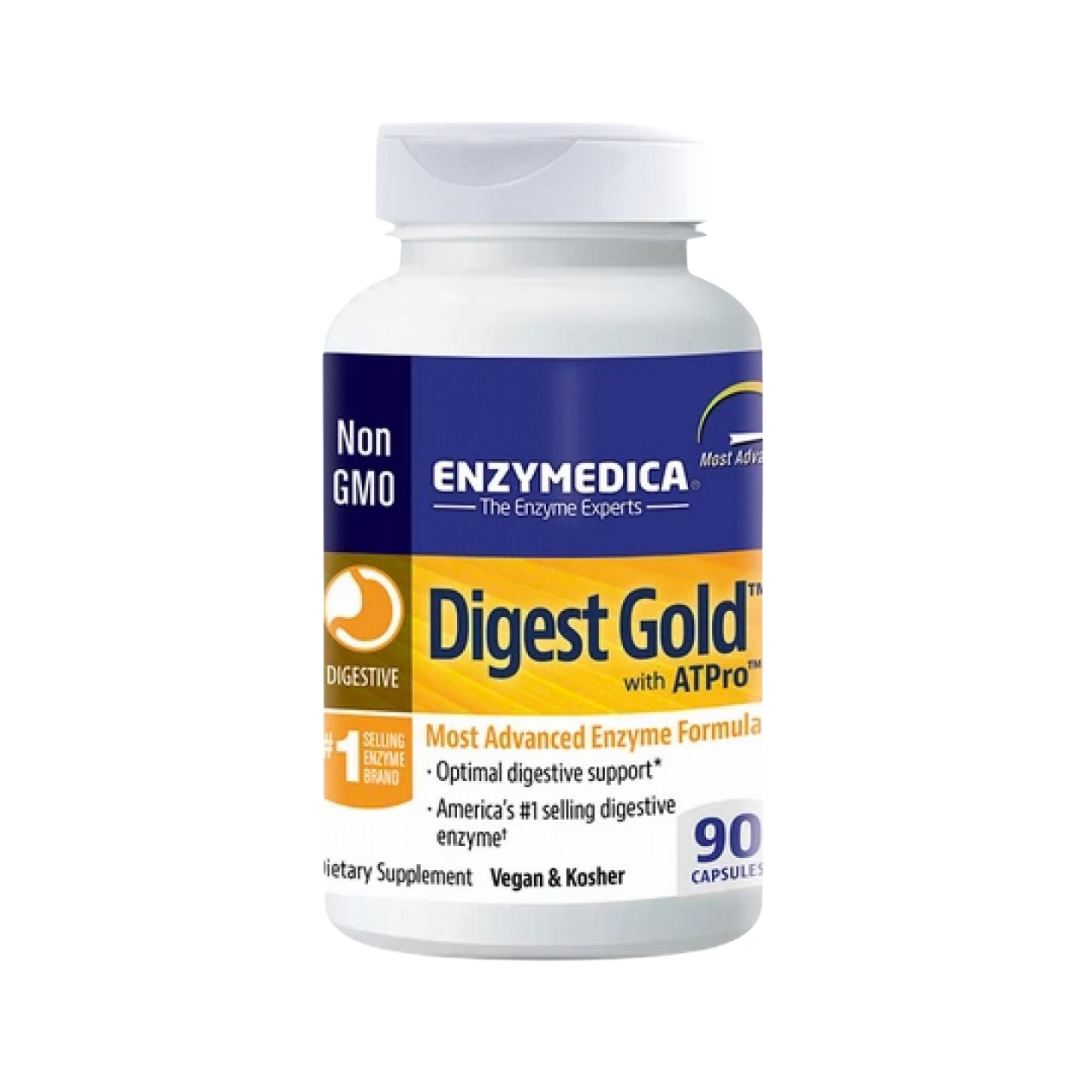 A white bottle of Enzymedica Digest Gold with ATPPro dietary supplement, featuring a blue and yellow label, on a plain white background.