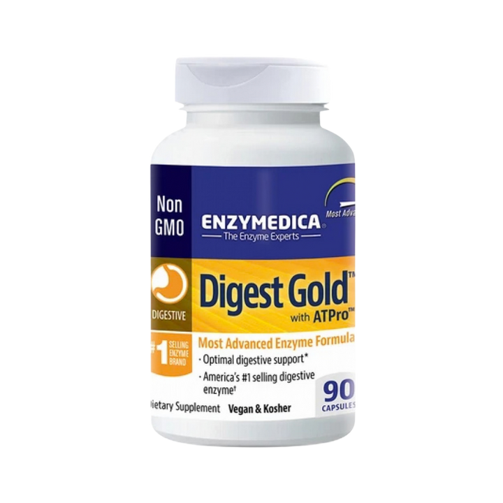 A white bottle of Enzymedica Digest Gold with ATPPro dietary supplement, featuring a blue and yellow label, on a plain white background.